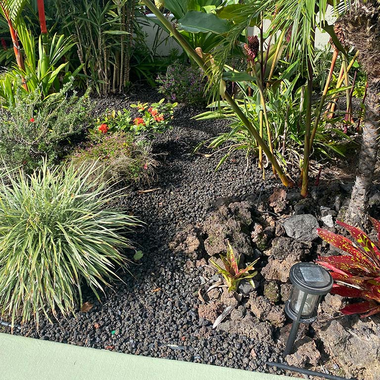 Rock garden installed with black rock cinder near Kailua-Kona. Decorative rock installation.