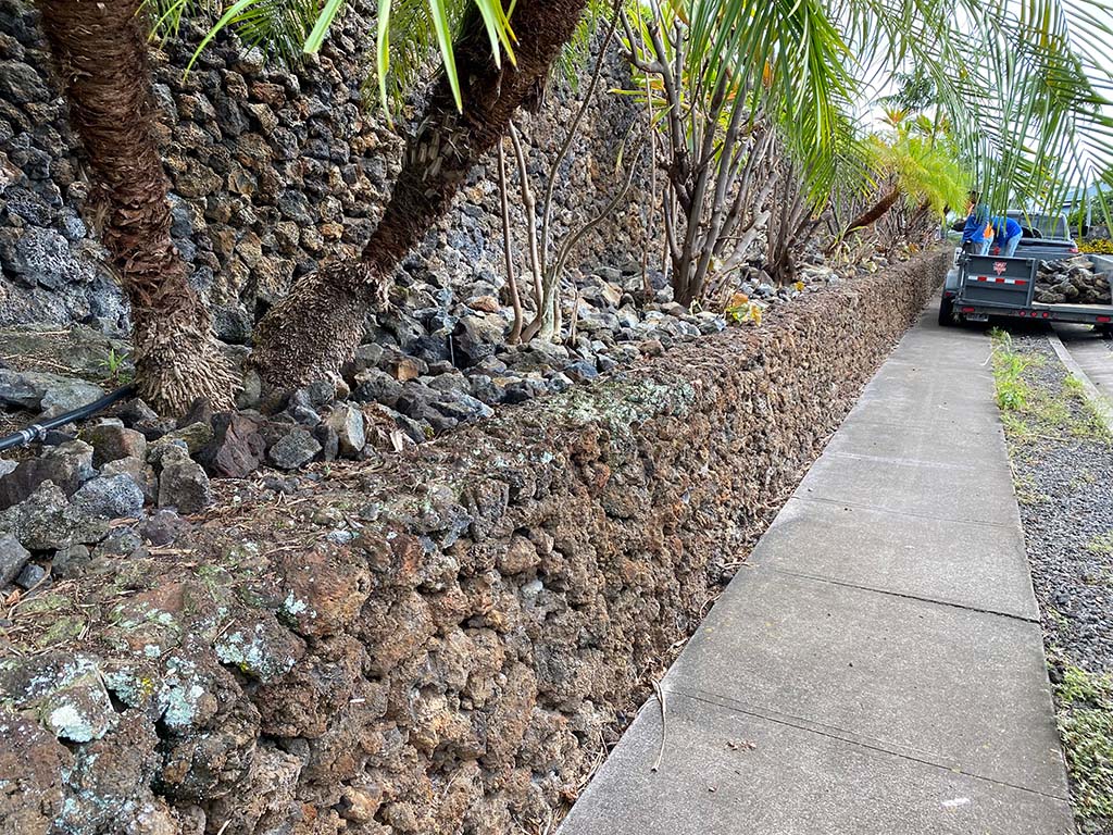 Hawaii landscapers install rocks on a lava rock wall as part of a Kona landscaping project.