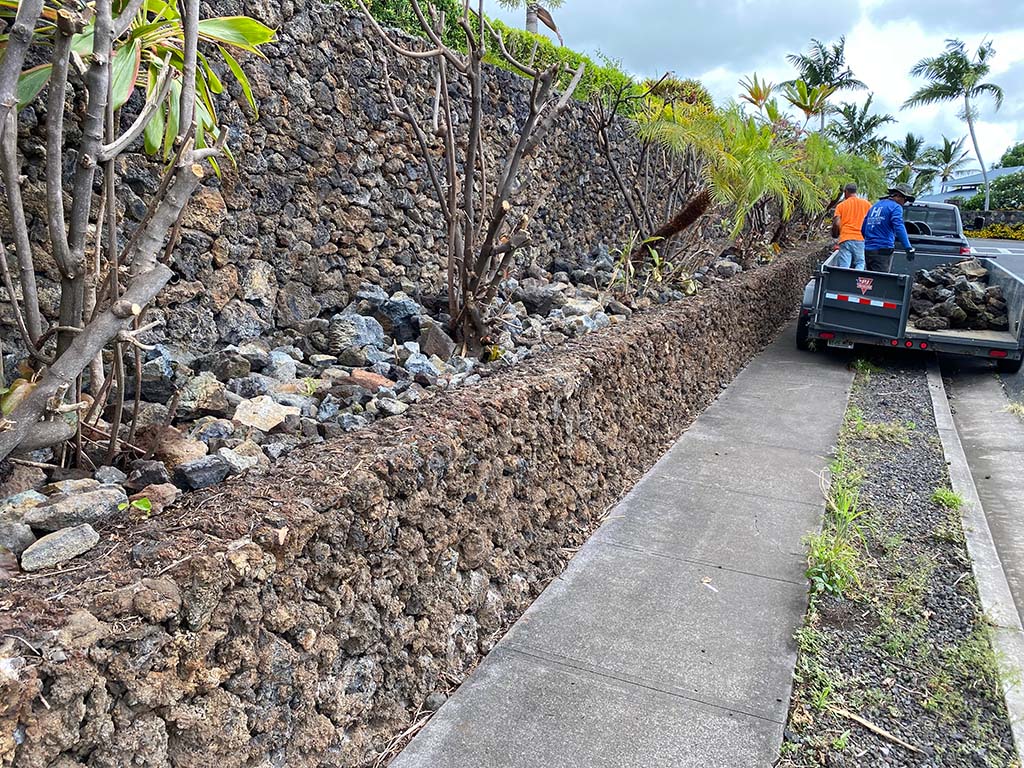 Hawaii landscaping services for installing lava rock near Kailua-Kona. Landscapers installing decorative rock.