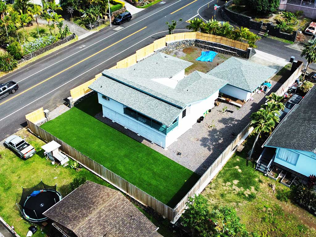 An aerial photo was taken after Kona landscape services finish laying sod and installing gravel.